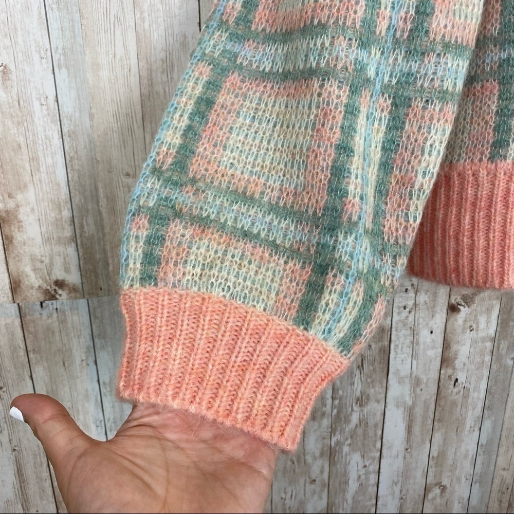 LoveShackFancy Jeeves Magnolia Pink Plaid Wool and Mohair Long Sleeve Cardigan - Picture 6 of 13